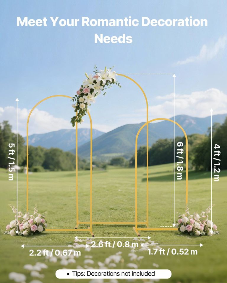 arch backdrop stand, set of 3, 1.8/1.5/1.2 m, stable structure, easy assembly, gold metal arch backdrop stand for wedding, birthday party, graduation, celebration, and ceremony decoration Gold wedding arch frames with floral decorations outdoors