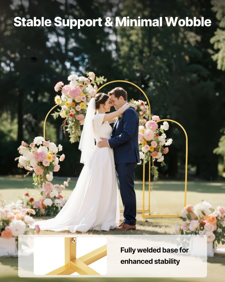 arch backdrop stand, set of 3, 1.8/1.5/1.2 m, stable structure, easy assembly, gold metal arch backdrop stand for wedding, birthday party, graduation, celebration, and ceremony decoration Bride and groom under floral wedding arch outdoors