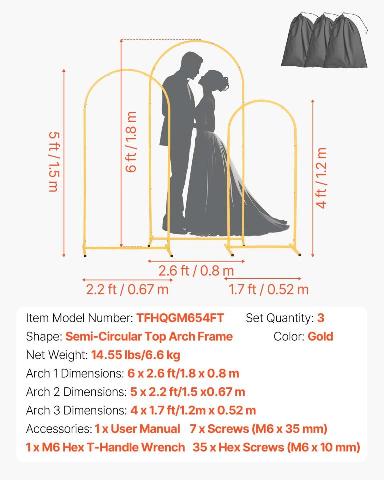arch backdrop stand, set of 3, 1.8/1.5/1.2 m, stable structure, easy assembly, gold metal arch backdrop stand for wedding, birthday party, graduation, celebration, and ceremony decoration Three gold semi-circular wedding arch frames with dimensions