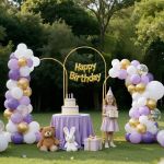arch backdrop stand, set of 3, 1.8/1.5/1.2 m, stable structure, easy assembly, gold metal arch backdrop stand for wedding, birthday party, graduation, celebration, and ceremony decoration Girl at outdoor birthday party with balloons