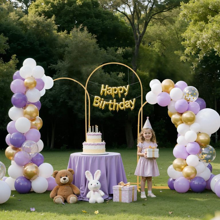 arch backdrop stand, set of 3, 1.8/1.5/1.2 m, stable structure, easy assembly, gold metal arch backdrop stand for wedding, birthday party, graduation, celebration, and ceremony decoration Girl at outdoor birthday party with balloons