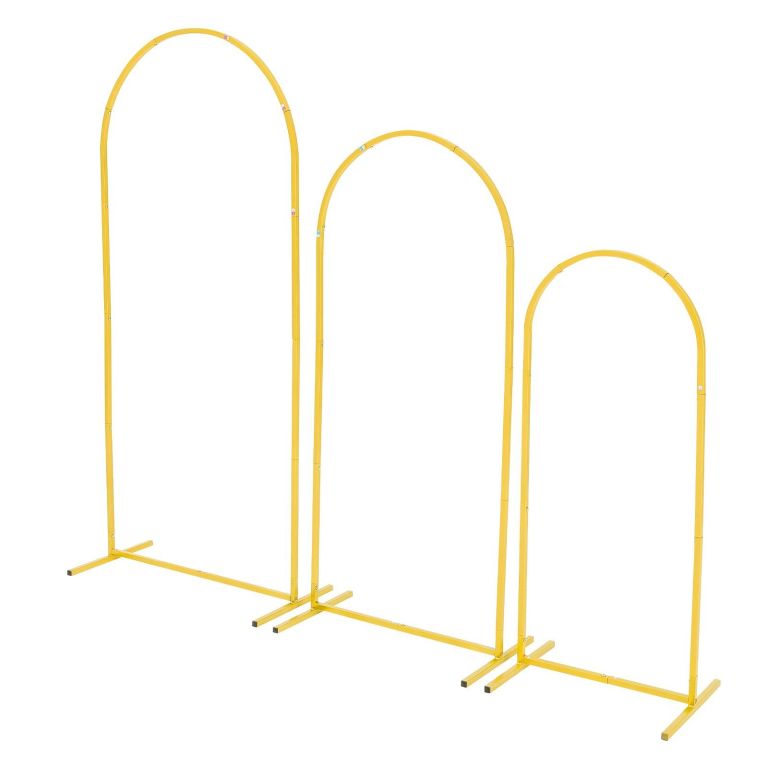 arch backdrop stand, set of 3, 1.8/1.5/1.2 m, stable structure, easy assembly, gold metal arch backdrop stand for wedding, birthday party, graduation, celebration, and ceremony decoration Three gold metal arch stands on white background