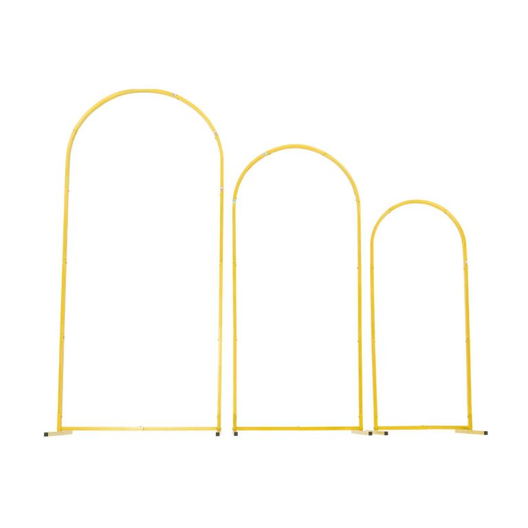 arch backdrop stand, set of 3, 1.8/1.5/1.2 m, stable structure, easy assembly, gold metal arch backdrop stand for wedding, birthday party, graduation, celebration, and ceremony decoration Three yellow metal arch frames in varying sizes