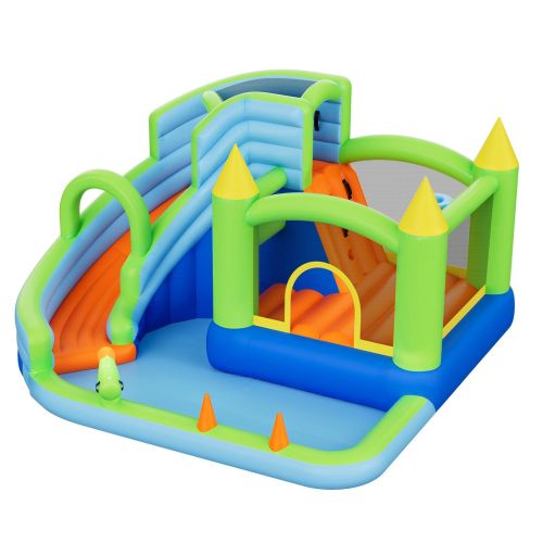 Colourful inflatable jumping castle with slide and pool