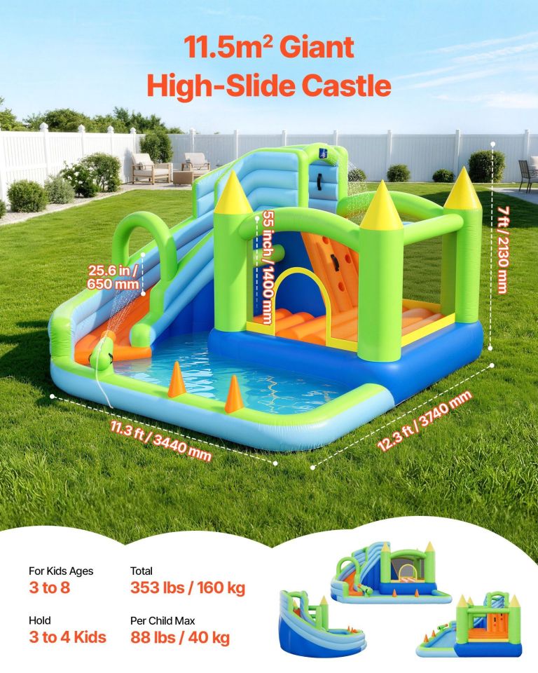 Inflatable high-slide water castle in backyard
