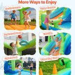 Kids enjoying inflatable water play centre outdoors