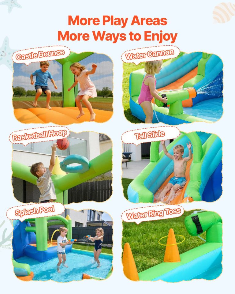 Kids enjoying inflatable water play centre outdoors
