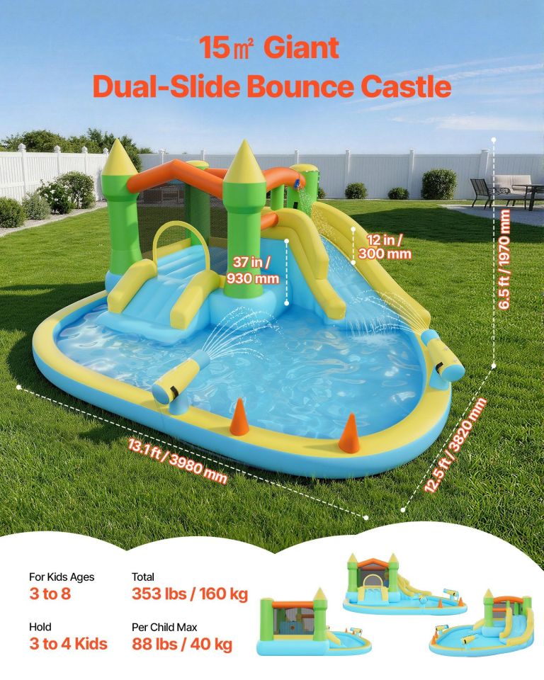 inflatable bounce house, 3.82 x 3.98 x 1.97 m inflatable bounce house water slide, bouncer castle with castle bounces, basketball hoop, splash pool & water ring toss, for 3 to 4 kids ages 3 to 8 Inflatable dual-slide bounce castle with splash pool