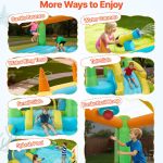 inflatable bounce house, 3.82 x 3.98 x 1.97 m inflatable bounce house water slide, bouncer castle with castle bounces, basketball hoop, splash pool & water ring toss, for 3 to 4 kids ages 3 to 8 Kids playing on inflatable water park with slides