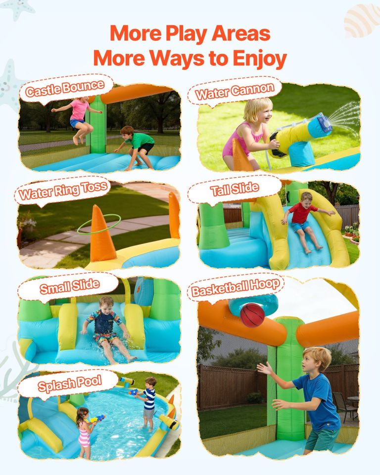 inflatable bounce house, 3.82 x 3.98 x 1.97 m inflatable bounce house water slide, bouncer castle with castle bounces, basketball hoop, splash pool & water ring toss, for 3 to 4 kids ages 3 to 8 Kids playing on inflatable water park with slides
