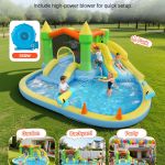 inflatable bounce house, 3.82 x 3.98 x 1.97 m inflatable bounce house water slide, bouncer castle with castle bounces, basketball hoop, splash pool & water ring toss, for 3 to 4 kids ages 3 to 8 Kids playing on inflatable water slide castle