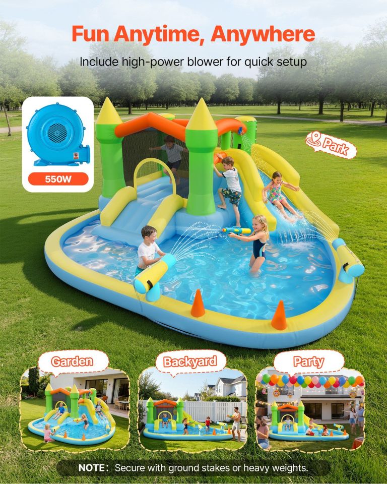inflatable bounce house, 3.82 x 3.98 x 1.97 m inflatable bounce house water slide, bouncer castle with castle bounces, basketball hoop, splash pool & water ring toss, for 3 to 4 kids ages 3 to 8 Kids playing on inflatable water slide castle
