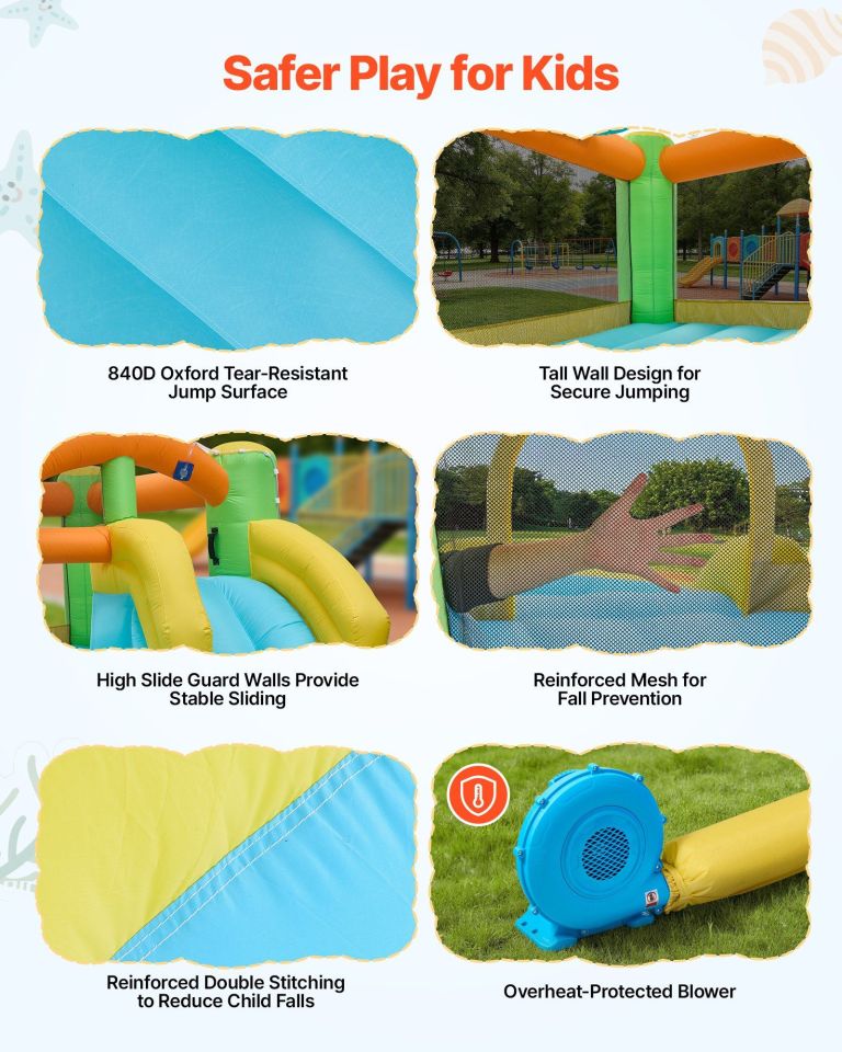 inflatable bounce house, 3.82 x 3.98 x 1.97 m inflatable bounce house water slide, bouncer castle with castle bounces, basketball hoop, splash pool & water ring toss, for 3 to 4 kids ages 3 to 8 Kids inflatable jumping castle safety features overview