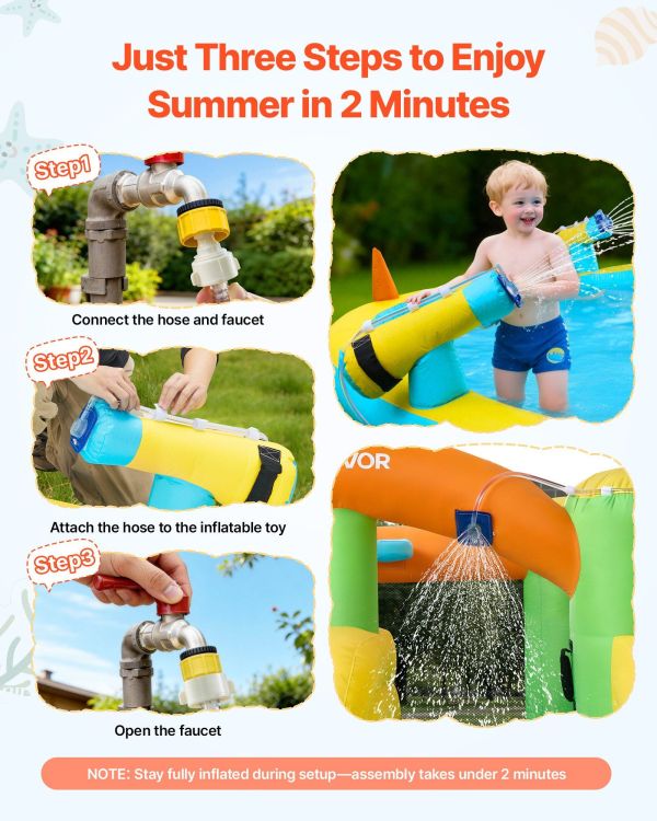 inflatable bounce house, 3.82 x 3.98 x 1.97 m inflatable bounce house water slide, bouncer castle with castle bounces, basketball hoop, splash pool & water ring toss, for 3 to 4 kids ages 3 to 8 Three-step setup for inflatable summer water slide