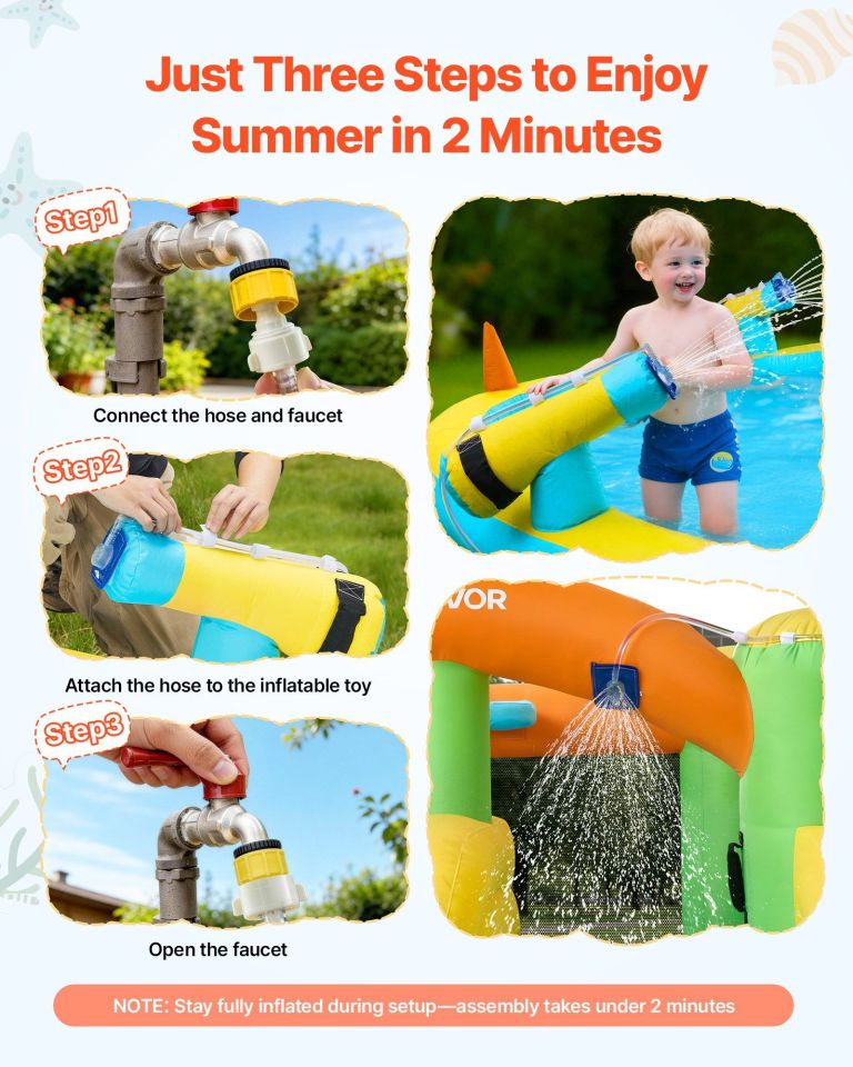 inflatable bounce house, 3.82 x 3.98 x 1.97 m inflatable bounce house water slide, bouncer castle with castle bounces, basketball hoop, splash pool & water ring toss, for 3 to 4 kids ages 3 to 8 Three-step setup for inflatable summer water slide