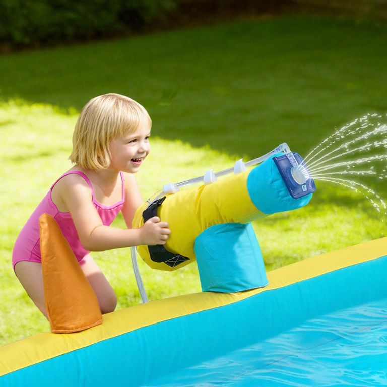 inflatable bounce house, 3.82 x 3.98 x 1.97 m inflatable bounce house water slide, bouncer castle with castle bounces, basketball hoop, splash pool & water ring toss, for 3 to 4 kids ages 3 to 8 Child playing with inflatable water cannon by pool