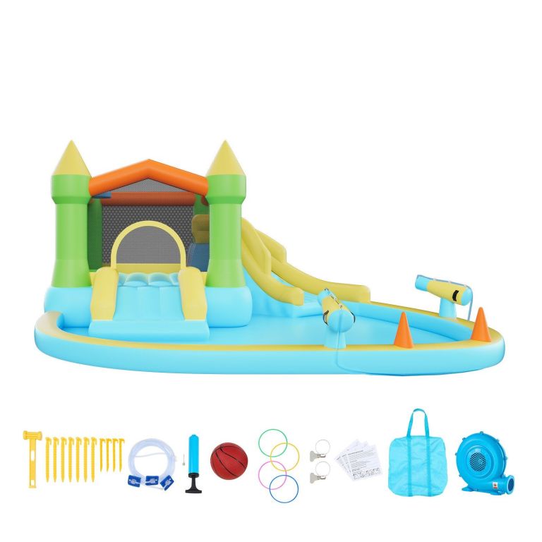 inflatable bounce house, 3.82 x 3.98 x 1.97 m inflatable bounce house water slide, bouncer castle with castle bounces, basketball hoop, splash pool & water ring toss, for 3 to 4 kids ages 3 to 8 Inflatable kids water park with slide and pool