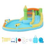 inflatable bounce house, 3.82 x 3.98 x 1.97 m inflatable bounce house water slide, bouncer castle with castle bounces, basketball hoop, splash pool & water ring toss, for 3 to 4 kids ages 3 to 8 Inflatable kids water slide splash play centre