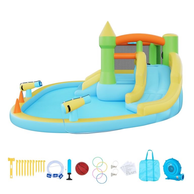 inflatable bounce house, 3.82 x 3.98 x 1.97 m inflatable bounce house water slide, bouncer castle with castle bounces, basketball hoop, splash pool & water ring toss, for 3 to 4 kids ages 3 to 8 Inflatable kids water slide splash play centre