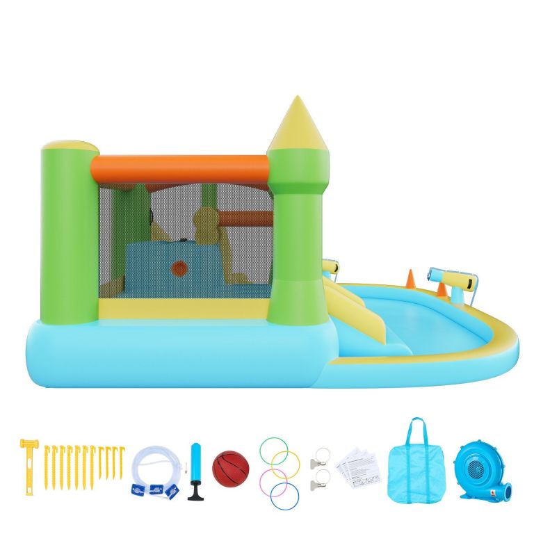 inflatable bounce house, 3.82 x 3.98 x 1.97 m inflatable bounce house water slide, bouncer castle with castle bounces, basketball hoop, splash pool & water ring toss, for 3 to 4 kids ages 3 to 8 Inflatable kids water slide jumping castle with pool
