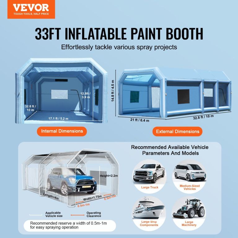 33ft inflatable paint booth with dimensions shown