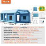 VEVOR inflatable paint booth with dimensions and accessories