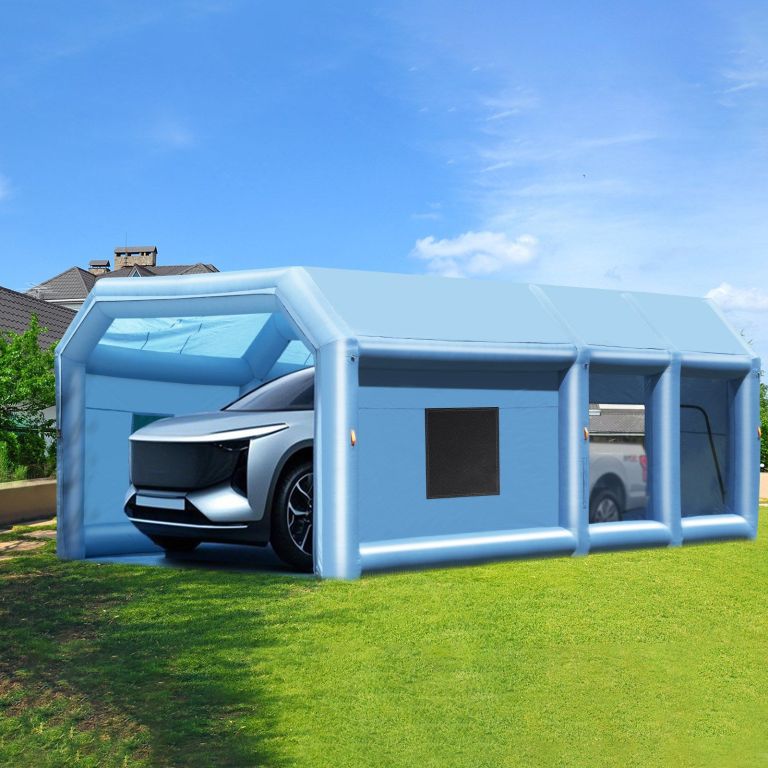 Inflatable car garage on suburban lawn