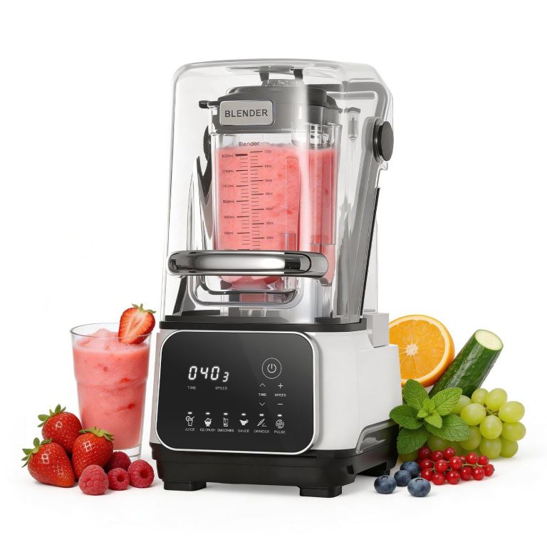 Modern blender with pink smoothie and fresh fruit