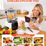 Woman using blender with 16-recipe cookbook