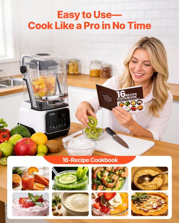 Woman using blender with 16-recipe cookbook