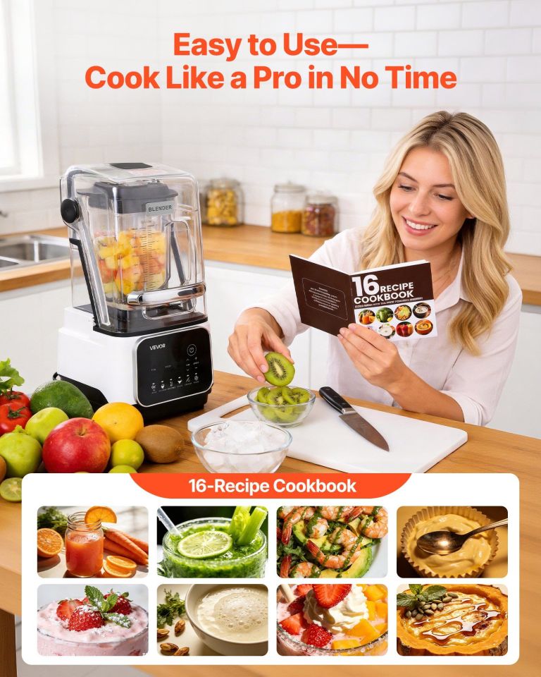 Woman using blender with 16-recipe cookbook