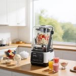 Modern blender with fresh fruit on kitchen counter