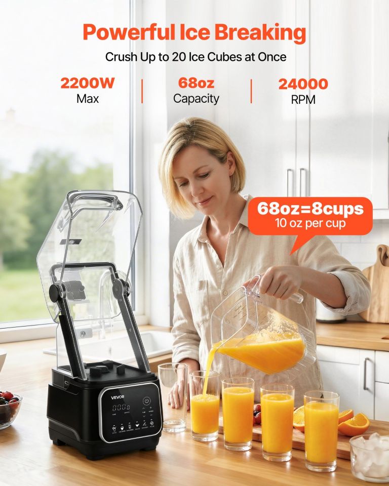 Woman pouring juice beside high-powered blender