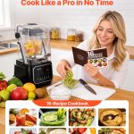 Woman using blender with recipe cookbook in kitchen