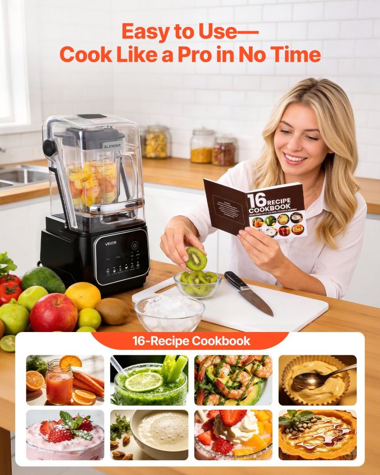 Woman using blender with recipe cookbook in kitchen