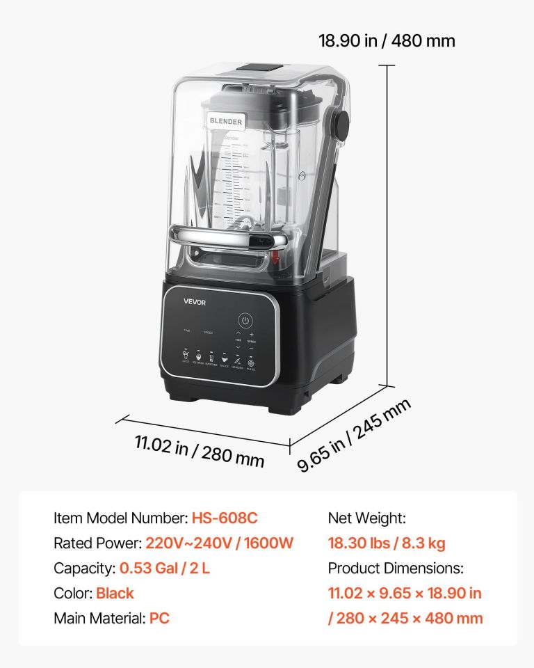 Commercial soundproof blender with dimensions and specifications