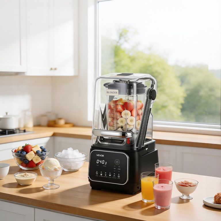 Modern blender with fresh fruit and smoothies
