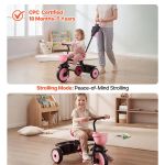 Toddler riding pink 2-in-1 tricycle indoors