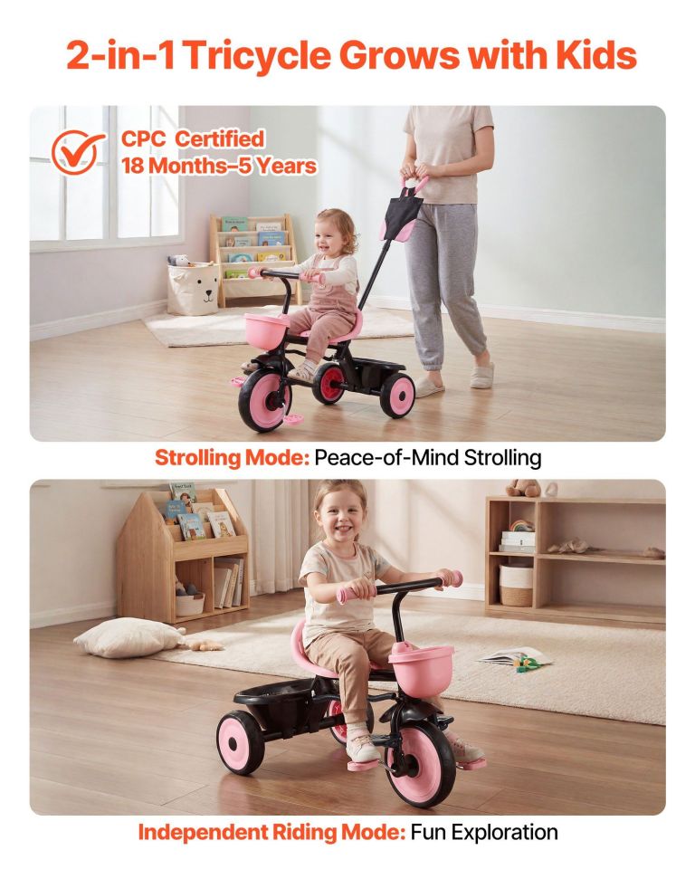 Toddler riding pink 2-in-1 tricycle indoors