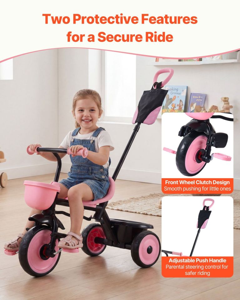 Girl riding pink tricycle with parent handle