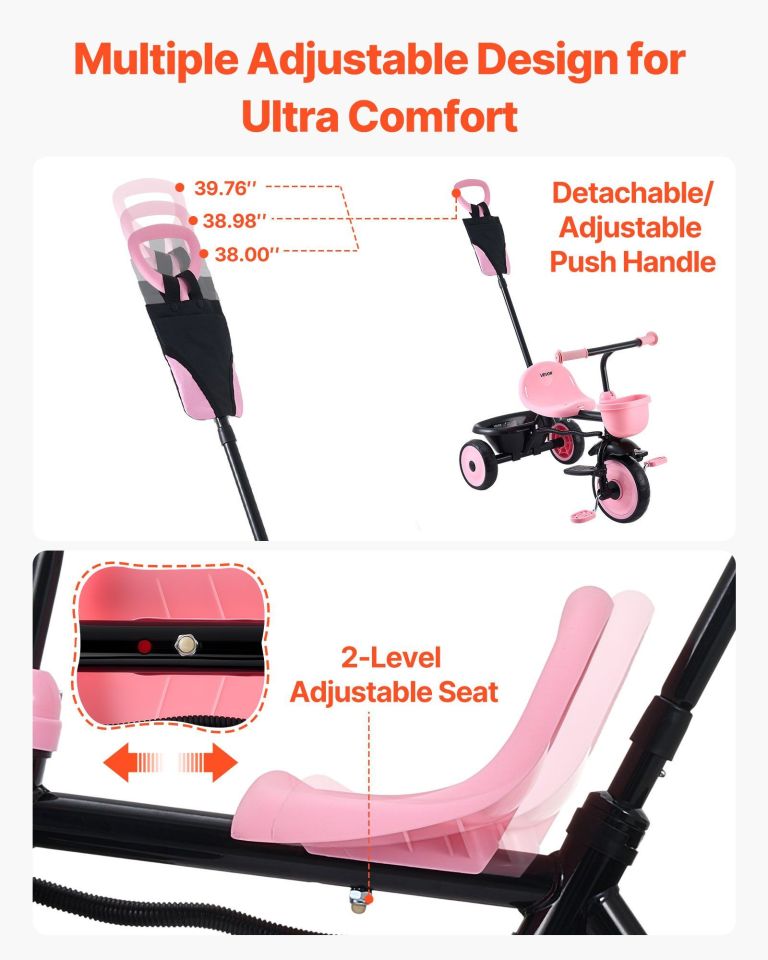 Pink toddler tricycle with adjustable push handle