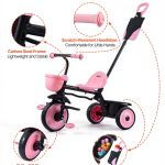 Pink kids tricycle with push handle and storage