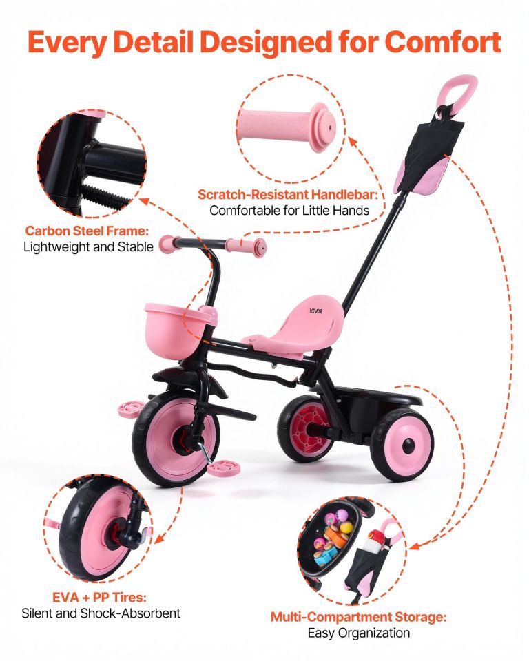 Pink kids tricycle with push handle and storage