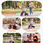 Toddler riding pink tricycle with parent in park