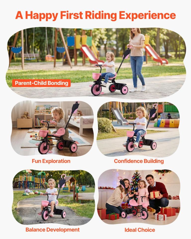 Toddler riding pink tricycle with parent in park