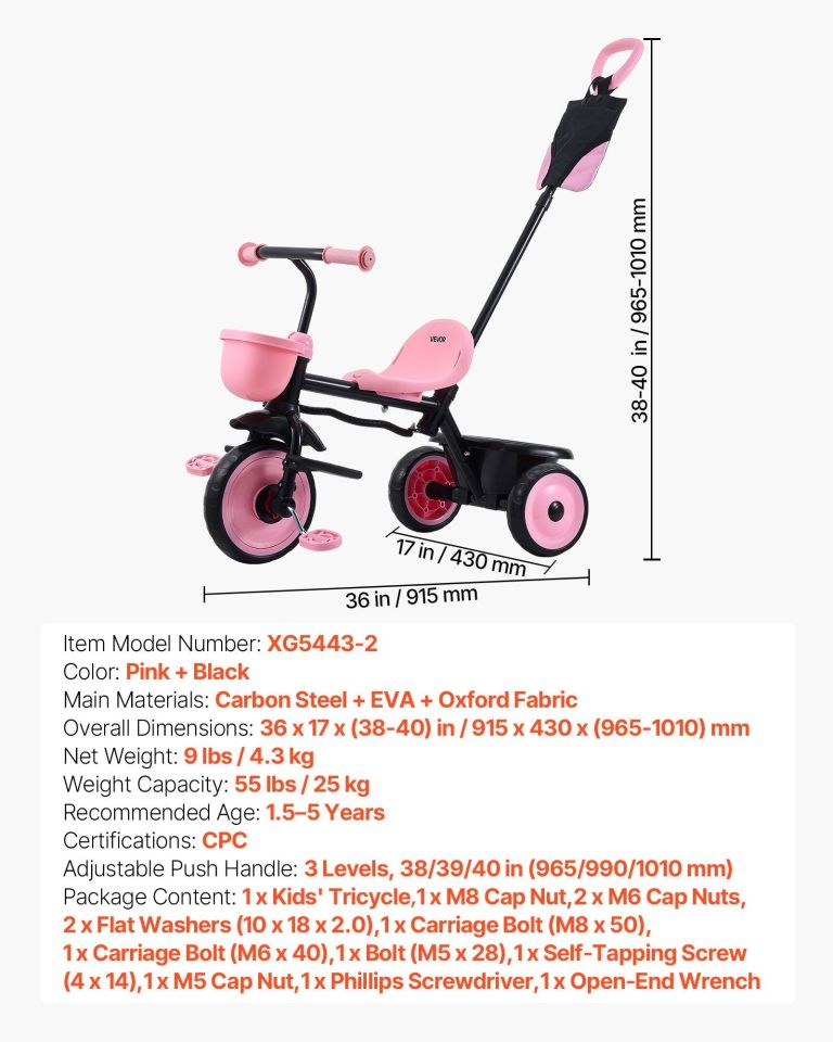 Pink and black kids tricycle with push handle