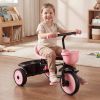 toddler tricycle & stroller for 18 months to 5 year old, kids trike with parent push handle, adjustable seat & storage for outdoor play, tricycle for toddlers, birthday toy for boys and girls Smiling child riding pink tricycle indoors