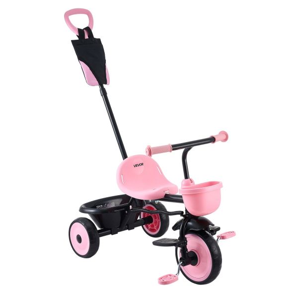 toddler tricycle & stroller for 18 months to 5 year old, kids trike with parent push handle, adjustable seat & storage for outdoor play, tricycle for toddlers, birthday toy for boys and girls Pink toddler tricycle with parent push handle