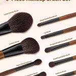 9 piece makeup brush set for foundation blending eyeshadow, professional makeup brush kit with soft natural wool & vegan synthetic bristles, ergonomic wood handle, travel friendly storage bag Nine-piece makeup brush set with labelled brushes
