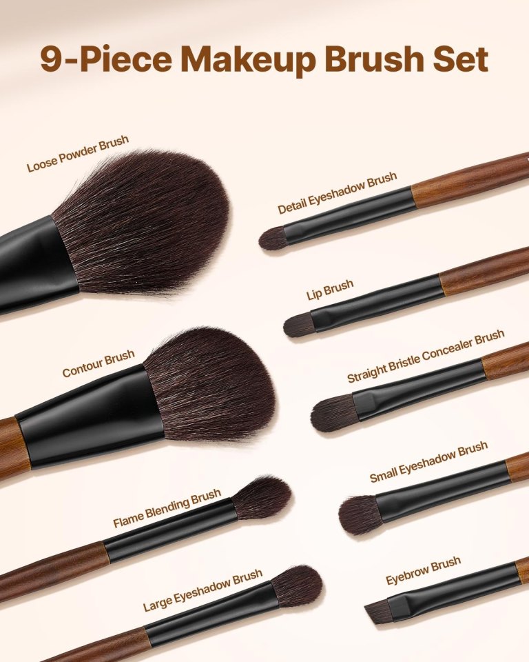 9 piece makeup brush set for foundation blending eyeshadow, professional makeup brush kit with soft natural wool & vegan synthetic bristles, ergonomic wood handle, travel friendly storage bag Nine-piece makeup brush set with labelled brushes